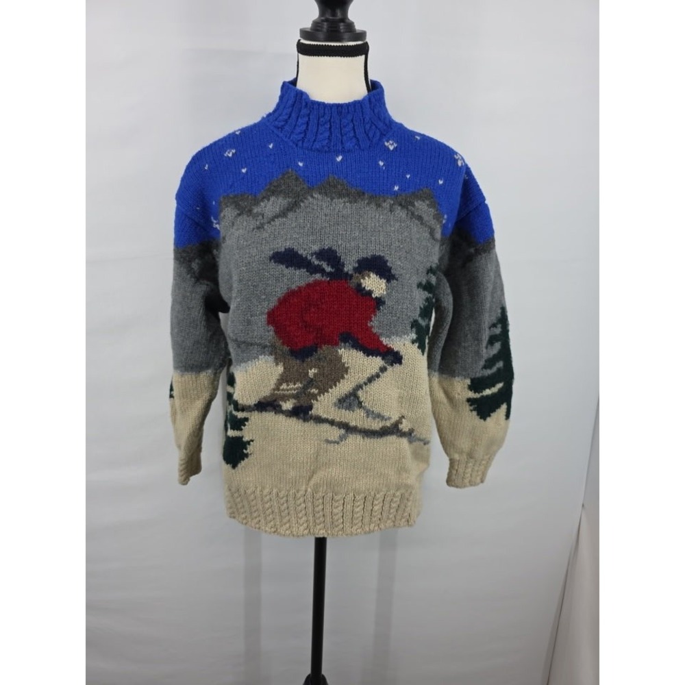 Lauren Ralph Lauren Petite Hand Knit Wool Ski Sweater Blue Grey Intarsia P/S